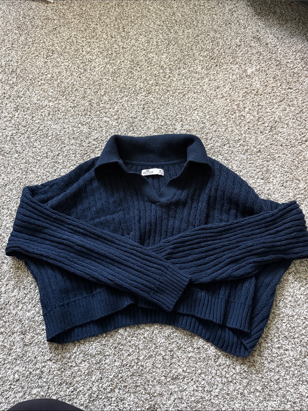 Hollister Navy Ribbed Collared Cropped Sweater